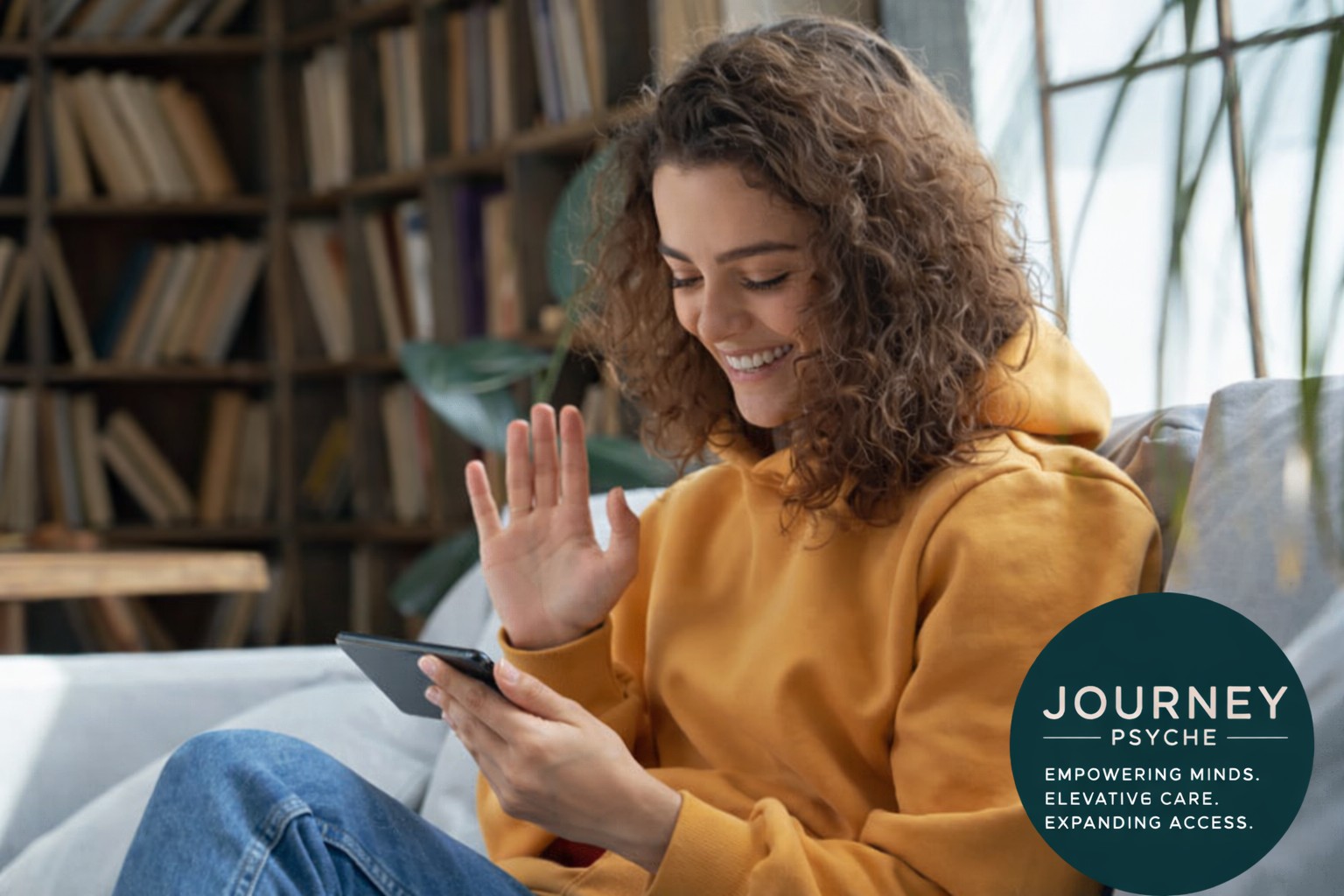 Patient using telehealth psychiatry services on iPhone in Missouri accessing mental health care and medication management remotely