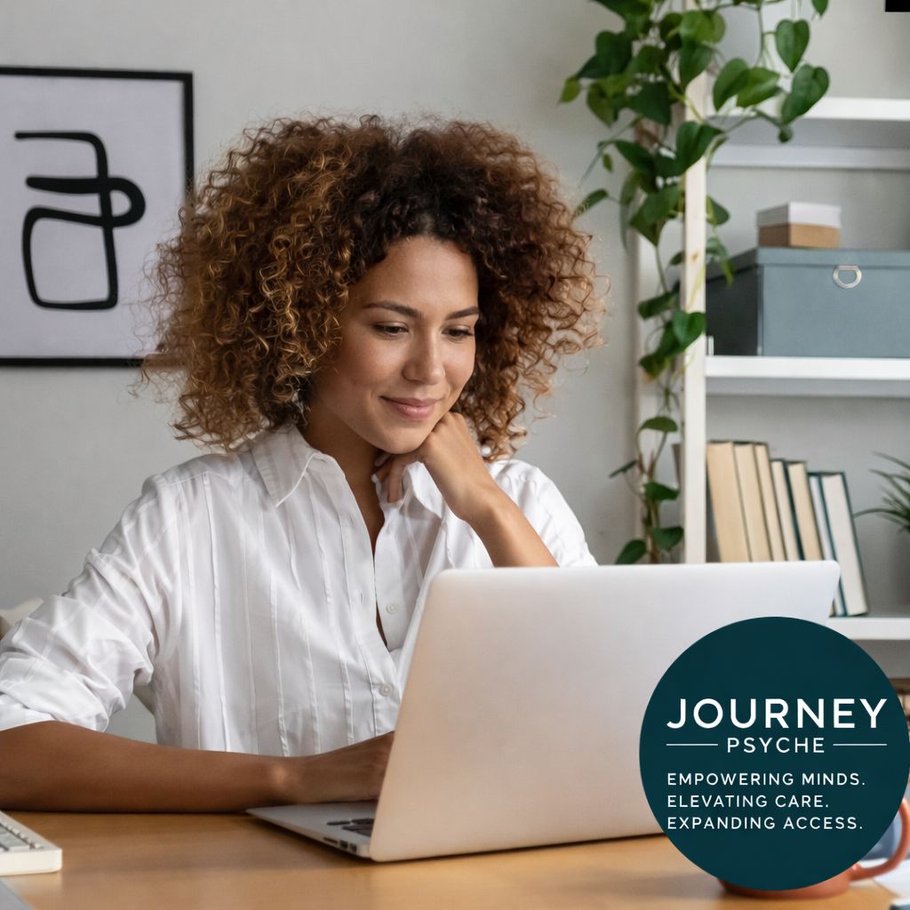 Virtual psychiatry session on laptop connecting patient with provider for mental health care and medication management in Missouri